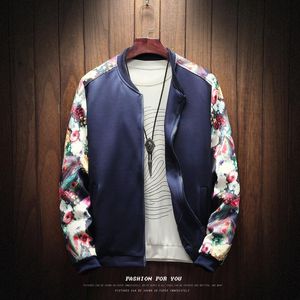 Fashion-Jacket Men Patchwork Flowers Långärmad Zipper Jackor Coat Mäns Pilotjacka Plus Size M-5XL
