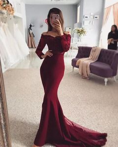 Burgundy Mermaid Evening Dresses Off Shoulder Long Sleeves Lace Applique Beads Sweep Train Formal Prom Dresses Vestido de fiesta ogstuff