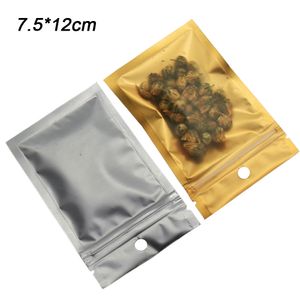 7.5x12cm Matte Limpar sivler / Golden Zipper pacote sacos invioláveis ​​de plástico Folha de alumínio alimentar saco térmico estanques Zip 200pcs Bloqueio Mylar Pouch