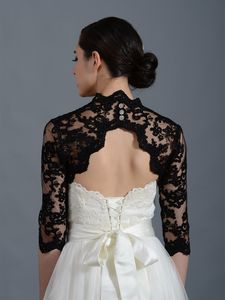 Bolero de noiva vintage com renda preta, jaqueta envoltória personalizada de cetim meia manga frontal aberta para noite de casamento dres229z