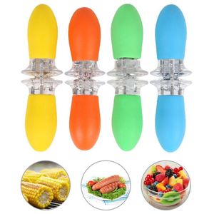 Suportes de espiga de milho de aço inoxidável com alça de silicone e ferramenta de espalhamento de manteiga conveniente garfos de frutas de frutas de carne 2 pcs/conjunto