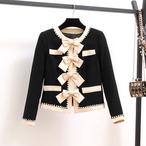 高品質の女性ジャケット弓ビーズダイヤモンドツイード黒ウールのジャケットの女性長袖ファッションコート衣類 2019 T200407