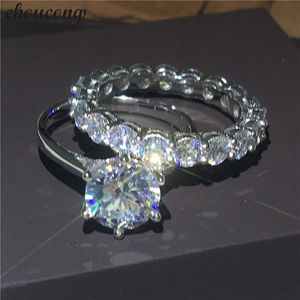 Vecalon Solitaire promessa anel sets 3ct diamond cz stone 925 esterlina de prata casamento anéis de banda de casamento para mulheres homens jóias