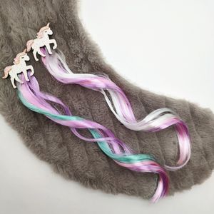 Cartoon Print Unicorn Hair Bows Clips With Tails Tassel For Kids Girls Hairpin Long Ponytails Wig Party Hair Accessories 20pcs 0908