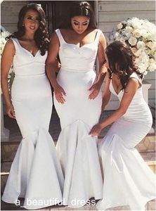 Einfache weiße Brautjungfernkleider im Meerjungfrau-Stil mit Herzausschnitt und zwei Trägern, günstige lange Brautjungfernkleider, formelle Kleider nach Maß