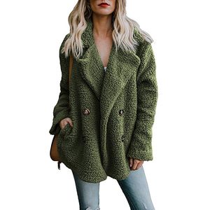 Wholesale-Women Plus Size Faux Fur Jacket Coat Winter Pockets Teddy Coat Female Plush Overcoat Casual Wool Outerwear