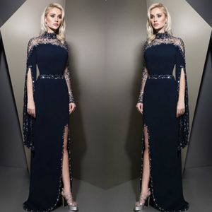Luxury Black Prom Dresses High Collar Illusion Crystals Sequined Long Sleeve Evening Gowns with Side Split Party Dress Ziad Nakad Fashion