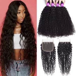 Wholesale hair weave lengths resale online - Brazilian Virgin Hair Bundles With Closures Kinky Curly Human Hair Bundles With Closure Curly Hair Extensions with X4 Lace Closure