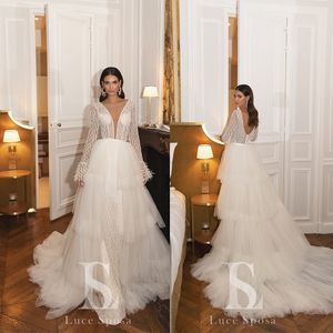 Sexy Mermaid Wedding Dresses With Detachable Train Illusion V Neck Appliqued Lace Bridal Gowns Sweep Train Long Sleeve Wedding Dress