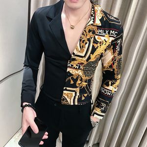 Casual Shirt Men Slim Fit Print Party Club Shirt Luxury Black Gold 201 Autumn Baroque Men Long Sleeve Patchwork