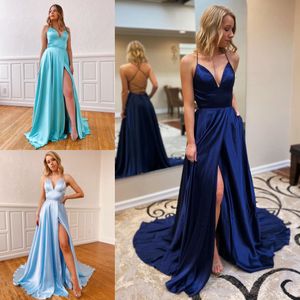 Statement Back Prom Dress 2020 A Line Spaghetti Straps Satin Formal Event Wear Gowns with Split Side Long Real Photo