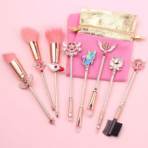 Sakura-Make-up-Pinsel-Set, Cardcaptor Sakura-Kosmetikpinsel, Zauberstab, 8-teilig, Roségold-Kosmetikpinsel, niedliche rosa Tasche, Gesicht, Augen, Lippen