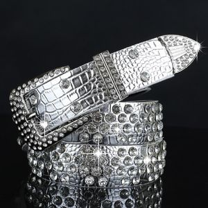 New fashion luxury designer diamond zircon silver leather belt for female women girls 110cm 3.6 ft pin buckle