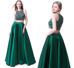 어깨에 맞춤 제작 된 어깨 짙은 녹색 구슬 2 조각 댄스 파티 드레스 바닥 길이 댄스 파티 파티 드레스