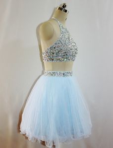 Vintage eine Linie Cocktail Party Kleid Zwei Stücke hoher Nacken Perlen sexy Rückenless Prom Kleider Sky Blue Short Homecoming Kleid Mini Club Kleidung