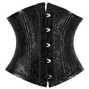 Mulheres Preto 16 Pcs Bones de Aço Jacquard Underbust Acolchoado Lace-Up Corset Body Shapers Instrutor de cintura Shaperwear Plus Size S-6XL