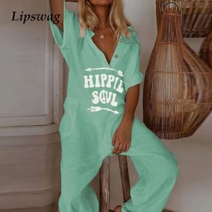 Verão Elegante Botão Mulheres Jumpsuit Letra Impressão V Pescoço De Algodão De Linho Jumpsuits Manga Curta Calças Soltas Romper Sexy Bodysuit