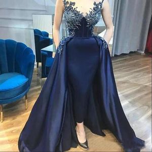 Navy Blue Sheer Mesh Top Satin Long Evening Dresses With Detachable Train 2020 Lace Applique Beaded Formal Party Prom Gowns