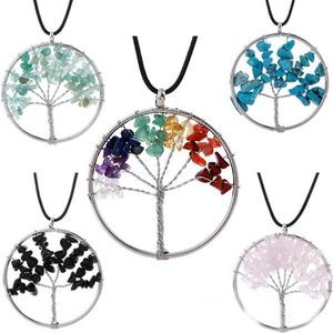 Luxury Natural Gemstone Smycken Kvinnor Läderkedja Rose Quartz Healing Crystals Tree of Life Pendant Halsband Gratis Shippin