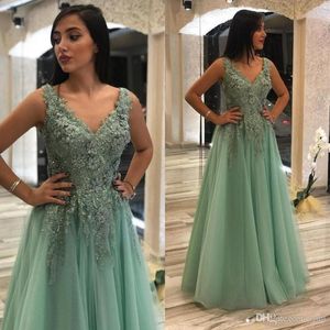 New Arrival Sage Evening Dresses V Neck Tulle Floor Length Beaded Crystals Appliques Lace Beaded Special Occasion Dresses Robes De Soirée