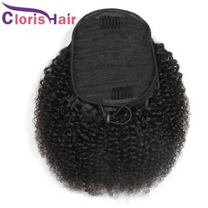 Afro Kinkyカーリーの人間の髪のポニーテールブラジルのバージンポニーテールの髪の伸縮性女性のためのクリップの巻き毛の巻き毛の描き描画ポニーテール