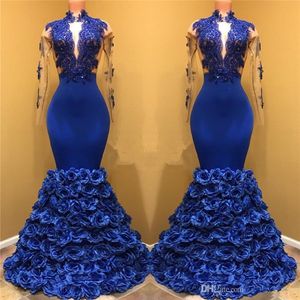 Royal Blue Lace Mermaid Long Prom Dresses 2020 Wysokiej szyi Sheer Długie Rękawy Tulle Aplikacja 3D Floral Floor Długość Wieczór Party Suknie Ba7969