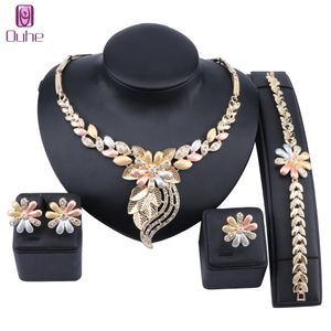 African Jewelry Set Flower Necklace Bracelet Dubai Gold Crystal Jewelry Set for Women Wedding Party Bridal Earrings Ring Set
