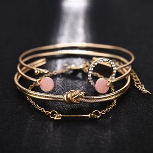 4 Pcs/ Set Vintage Gold Crystal Circle Arrow Bracelet for Women Bohemian Pink Opal Adjustable Charm Bracelet Jewelry Gift