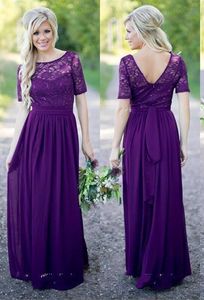 Country Style Purple Lace Bruidsmeisje jurken Sexy Backless Long Chiffon Cap Korte mouwen strand bruiloft Maid of Honor prom avond HY282