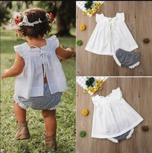 Kinderkleidung 2019 Sommer Kleinkind Baby Mädchen Kleidung Rüschen Weiß Top Minikleid + Plaids PP Unten Kurze Hosen Kinder Casual Outfits Set