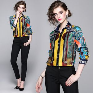 Luxury Fashion Spring Fall Printed Shirts Runway Women's Long Sleeve Lapel Neck Blouses Stunning Office Lady Business Sexy Slim Shirt Tops