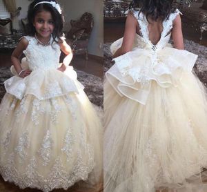 2024 New Cheap Champagne Flower Girls Dresses For Wedding Lace Sleeveless Backless Floor Length Party Birthday Dress Child Pageant Gowns 403