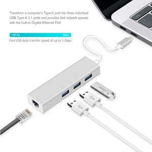Network card Type C To 3.0 USB Ports With RJ45 10/100/1000 Gigabit Ethernet LAN Adapter USB-C Hub For PC Macbook Support Windows