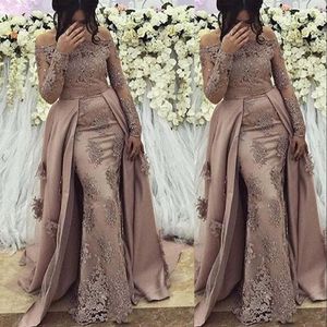 2023 Sexy Mermaid Arabic Prom Dresses Lace Appliques Brown Crystal Beaded Off Shoulder Long Sleeves Illusion Evening Dress Wear Party Gowns