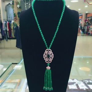 vendita calda nuova giada verde naturale micro intarsio zircone chiusura nappa collana lunga catena maglione gioielli di moda