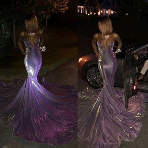 2020 Glitter longo Mermaid Black Girl Prom Vestidos Alças de trem Sweetheart Tribunal roxo paetês Evening Africano vestido formal