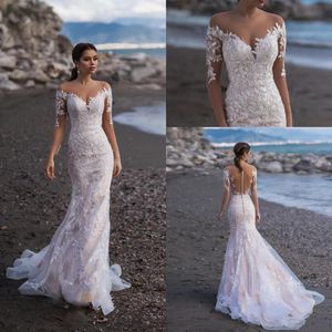 Sexy Full Lace Mermaid Wedding Dresses Off-Shoulder Long Sleeves Appliqued Bridal Gowns Sweep Train Beach Bride Dress vestido de novia