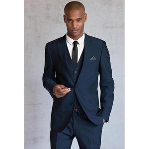 Hot - Navy Blue Groom Tuxedos Peak Lapel Två knapp Män Bröllopsklänning Bästa populära Män Business Prom Party Suit (Jacka + Byxor + Tie + Vest) 2270