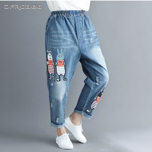 Plus Size Boyfriend Jeans For Women 2018 Autumn Cartoon Print Elastic Waist Casual BF Retro Hole Capris Denim Harem Pants jean Y19042901