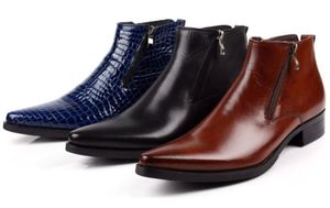 Venta caliente hombres botas de cuero genuino negro punteado de punta de lujo moda clásico oficina de negocios formal botines de tobillo hombres zapatos masculinos