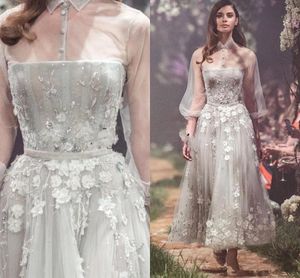 2024 Neue moderne silbergraue Blumen-Tüll-Abendkleider mit Kragen, transparente Poet-Ärmel, Perlen, Abschlussball-Partykleid, knöchellang, formelle Kleidung