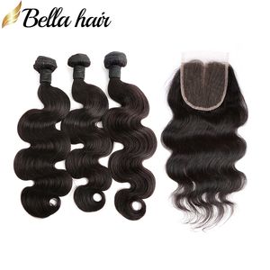 Peruvian Body Wave Bundlar med topplås 4x4 Middle Part Lace Closure Virgin Hair Weaves Wefts 3 Bundlar Hårförlängningar Bellahair