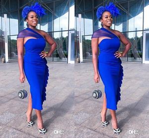 Afrikanische Sexy Plus Size Royal Blue Etuikleid Cocktailpartykleider One Shoulder Teelanger Rücken Split Prom Kleid Abend Party Wear Kleid