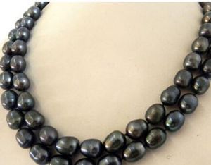 2 Row 9-10mm Natural South Sea Black Pearl Necklace 17-18 
