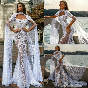 2020 Sexy Arabic Mermaid Wedding Dresses With Wrap Sweep Train Lace Appliqued Beach Wedding Dress Illusion Custom Made Country Bridal Gowns