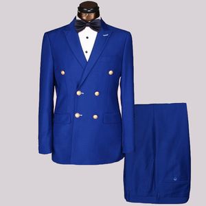 Varmt försäljning Partihandel Slim Fit Mens Golden Metal Knappar Passar Män Dubbelbröst Azul Hombre Blå Black Suit Maskulin Blazer
