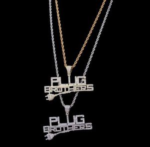 14K Gold Iced Out CZ Plugbrothers Pendant Necklace Mens Gifts Hip Hop Micro Pave Cubic Zirconia Simulated Diamonds Necklace