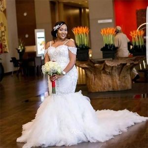African Plus Size Mermaid Wedding Dresses Spaghetti Straps Off Shoulder Lace Appliques Beaded Tiered Tulle Open Back Long Train Bridal Gowns