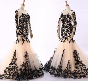 Champagne Black Lace Prom Dresses Evening Wear Mermaid 2020 Illusion Långärmning Sheer Jewel Hollow Back Tull Vestidos de Novia formell