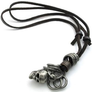 Mens Vintage Gothic Skull Pendant Justerbar Läder Cord Necklace Kedja, Brunt Silver